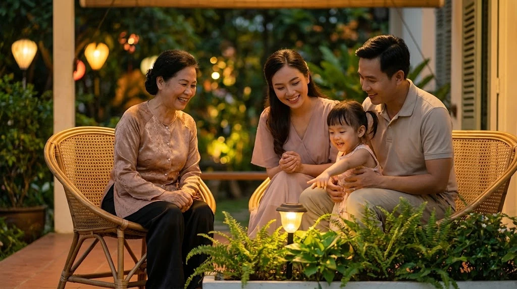 Gia đình Việt Nam ngồi hiên nhà dưới ánh đèn năng lượng mặt trời