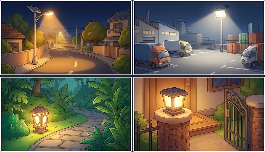 4 dòng đèn năng lượng mặt trời 3E ứng dụng thực tế - đèn đường, đèn pha, đèn sân vườn, đèn trụ cổng